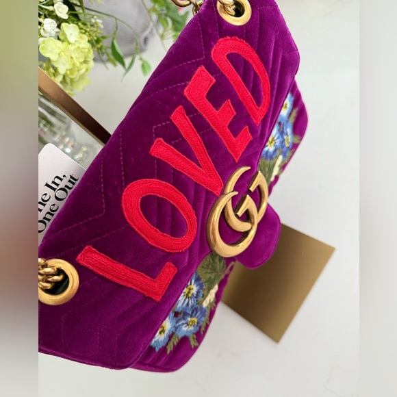 GUCCI GG Velvet Matelasse Loved Embroidered Medium Bag ~ Fuchsia Violet Cyclamen - Picture 3 of 16